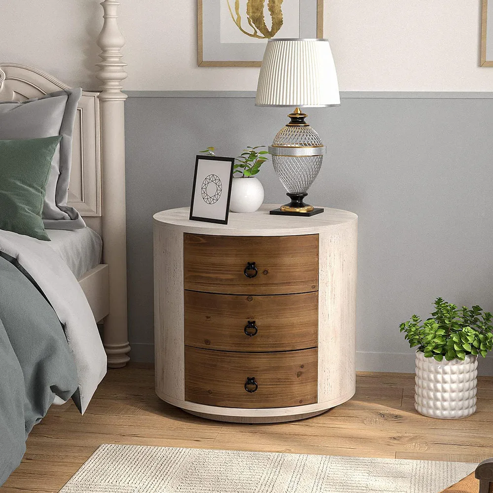 20-Inch MDF Round Storage Cabinet Modern Nightstand Wood Bedside Table Drawers for Bedroom & Living Room supplier
