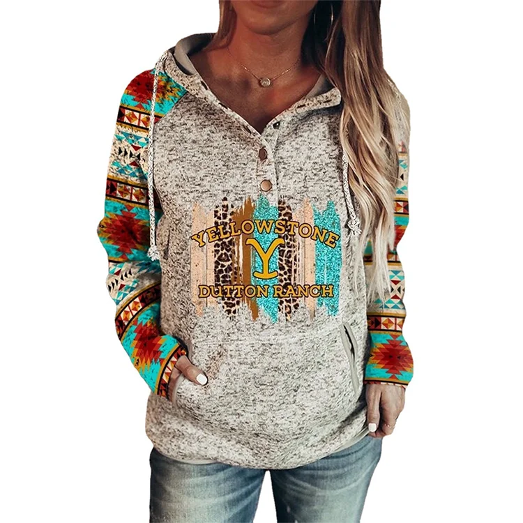Kangaroo Pocket Button Neck Sweatshirt Women Yellowstone Print Hoodie - Buy Yellowstone  Hoodie,Women Print Hoodie,Kangaroo Pocket Sweatshirt Product on Alibaba.com