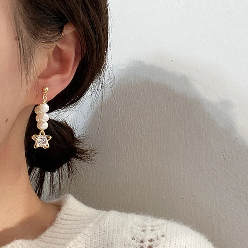 925 silver needle temperament beautiful pearl earrings star pendant zircon earrings personalized accessories women