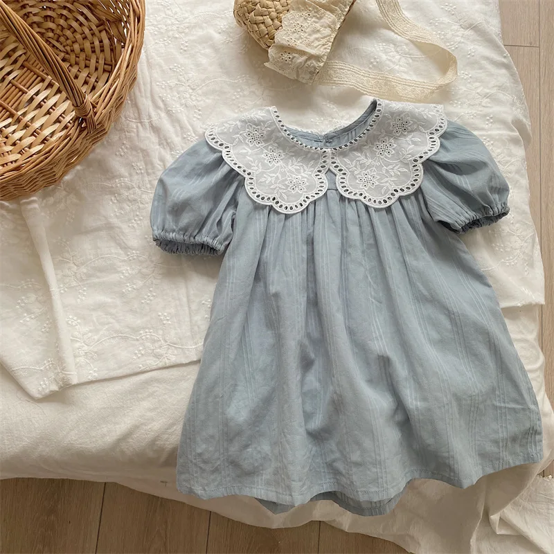 2023 Summer New Girl's Vintage Lace Dress Children's Baby Cotton Short Sleeve Dress