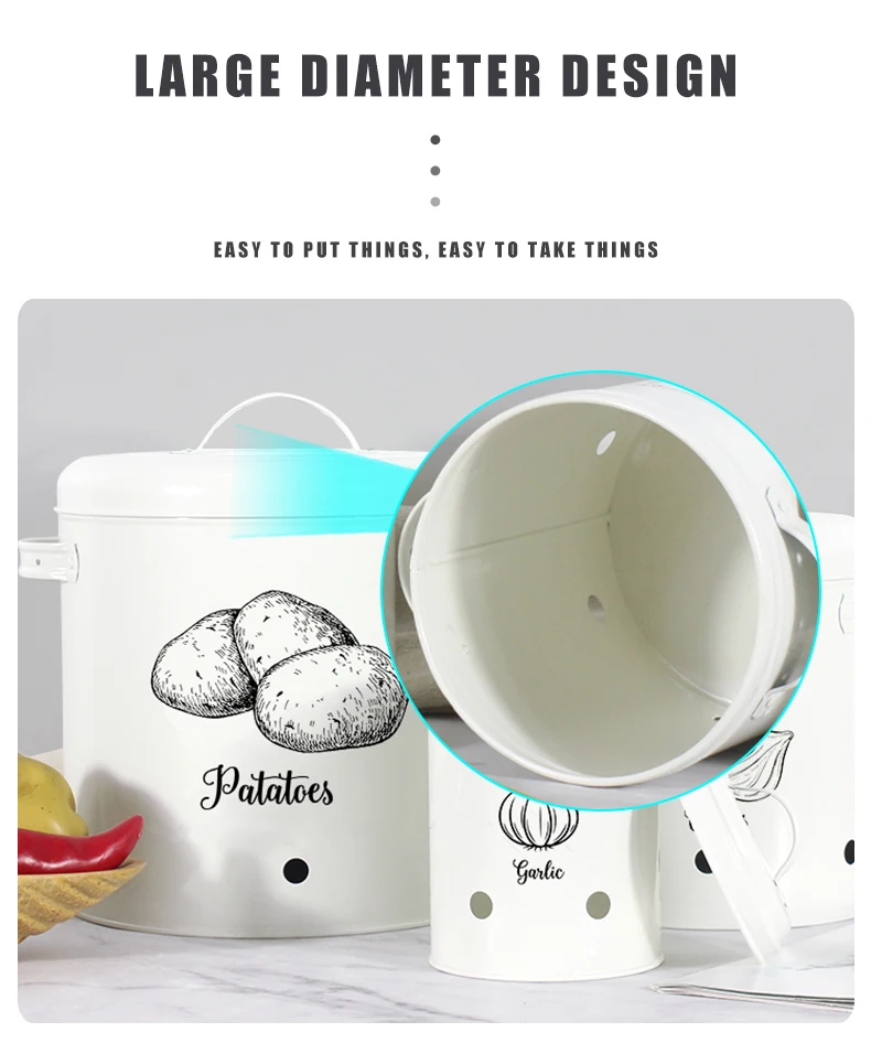 Galvanized Iron Vegetable Containers with Lid Kitchen Potato Onion Garlic Canister Storage Bucket