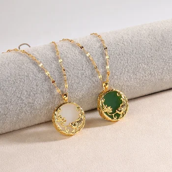 Chinese Vintage Style 18K Gold Plated Titanium Stainless Steel Lucky Fish Round Natural Jade Necklace