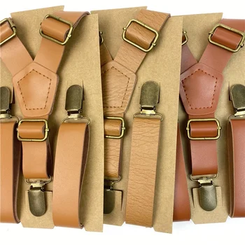 High Quality vintage tan Adjustable Trousers Braces Y adult mens Leather Suspenders