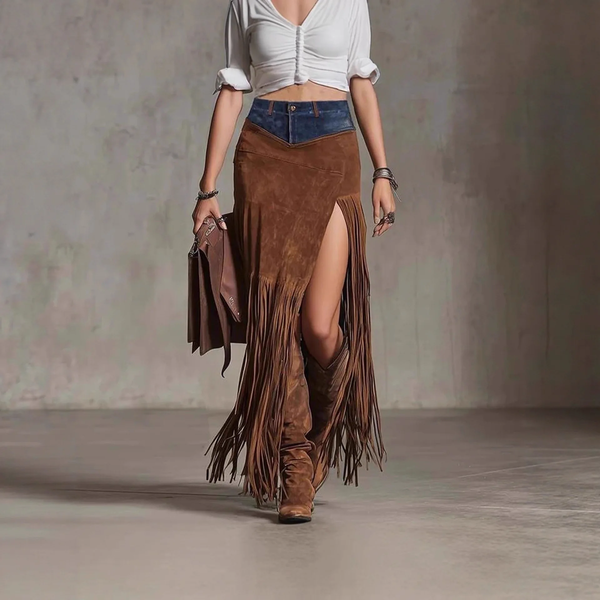Hot Sale Empire Waist Vintage Tassel Spliced Denim Hem Irregular Suede Skirt details