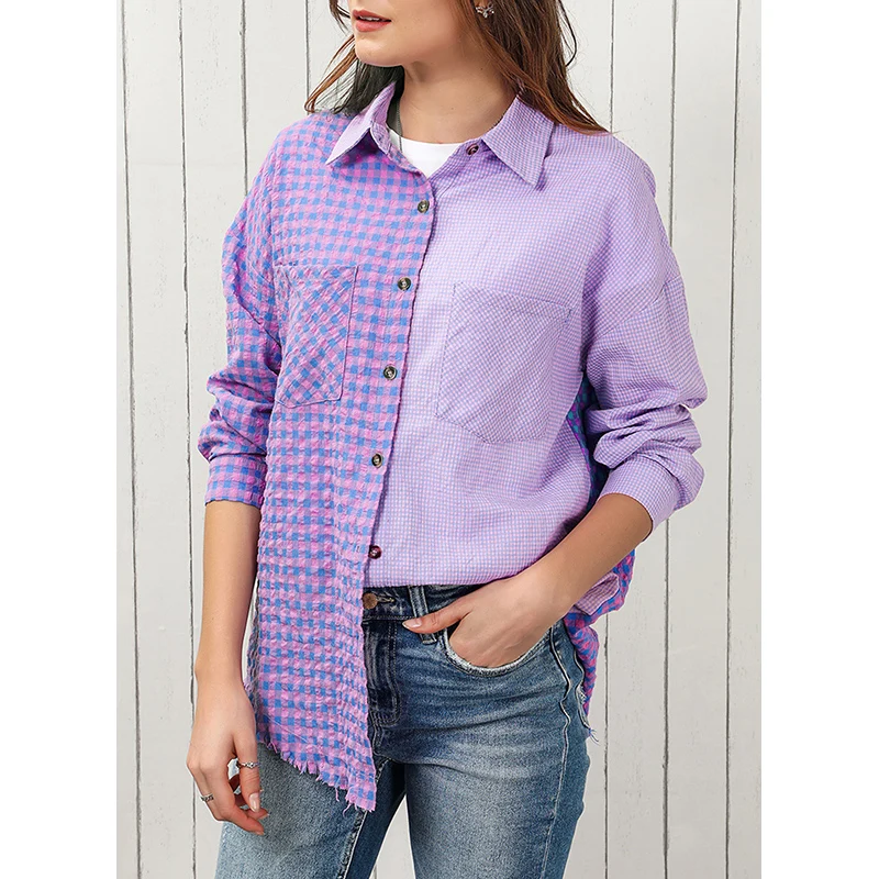 Dear-Lover Oem Odm Wholesale Private Label Mixed Plaid Button Down Long Sleeve Shirts For Women