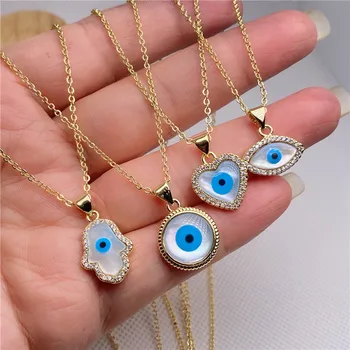 24K Gold Plated Micro Pave Cubic Zirconia inlay shell CZ Turkish Blue Evil Eyes Pendant Charm Choker Necklace