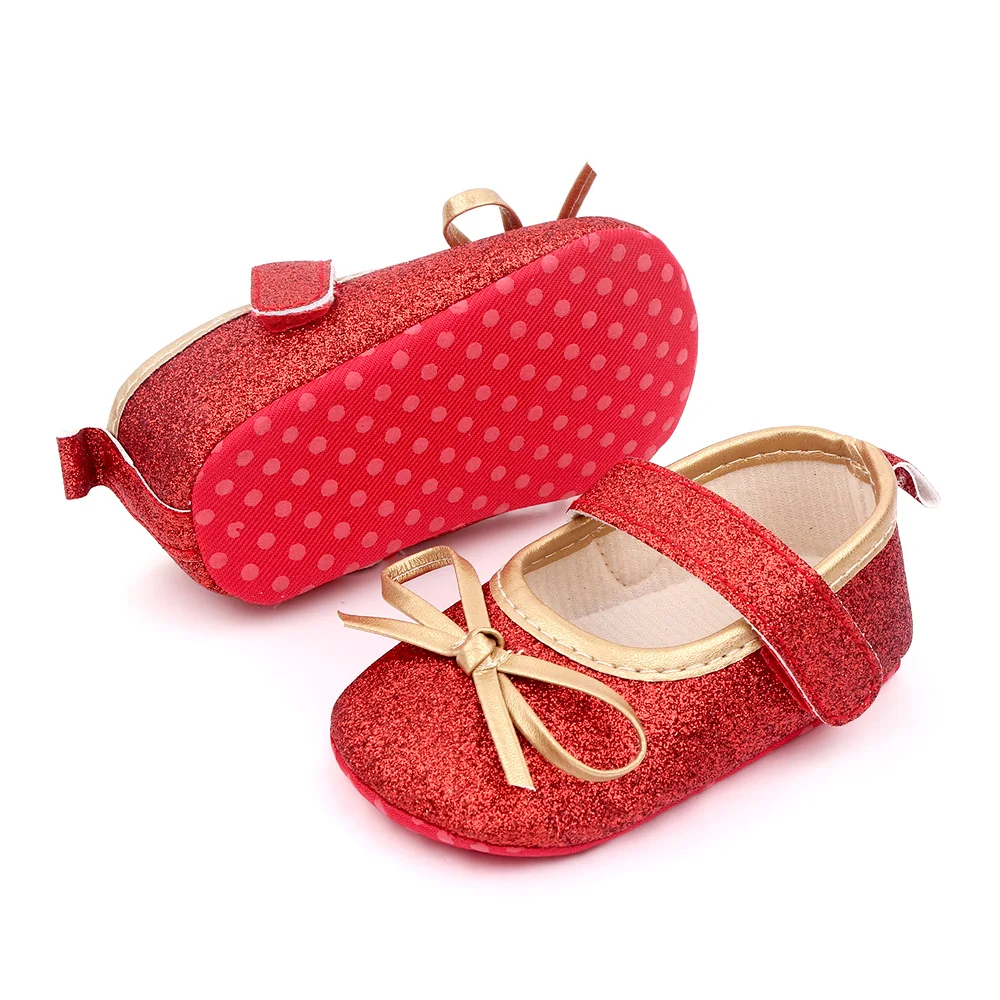 Spring and Autumn Baby Girls Sparkle Solid Color Glitter pink Bow Princess Toddler Shoes supplier