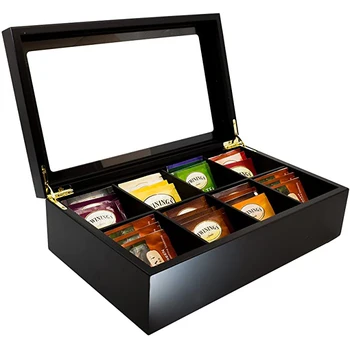 Wholesale Custom Black Matte Paint 8 Compartment MDF Wooden Tea Packing Box Tea Bag Holder Box Tea Packing Box