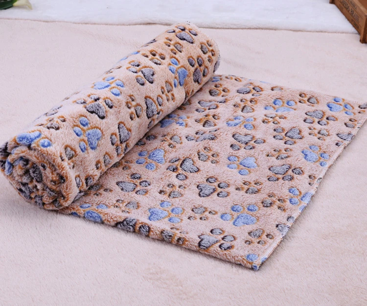 P623 Soft Dog Bed Cute Paw Prints Kennel Carpet Reversible Fleece Crate Pet Bed Mat Pet Blanket