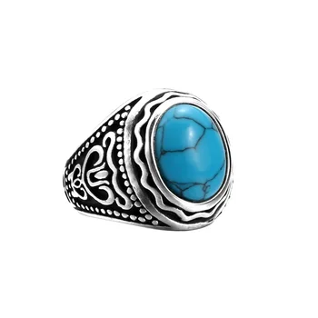 High Quality Natural Stone Rings Green and Tiger Eye Brown Eye Norse Talisman Rune Blue Turquoise Men's Ring