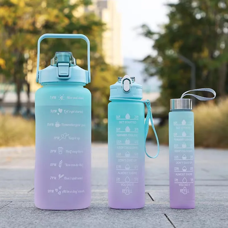 Plastic Frosted Gym Large Capacity Travel Drinking Water Bottles Set With Time Marker
