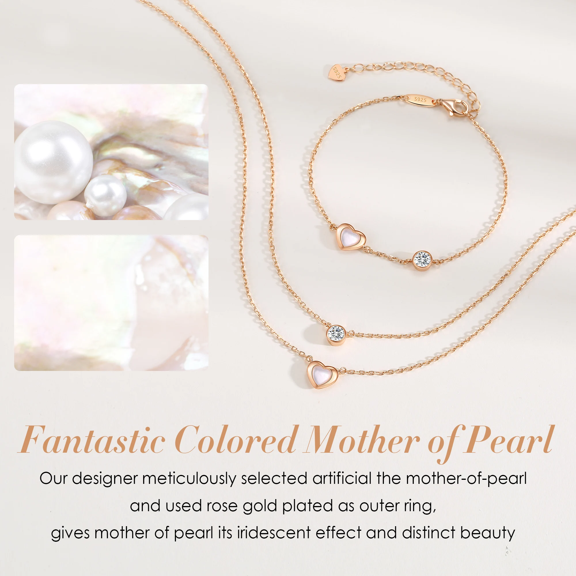 CDE YN1020 925 Sterling Silver Jewelry Wholesale Heart Mother Of Pearl Zircon Birthstone Rose Gold Plated Double Chain Necklace