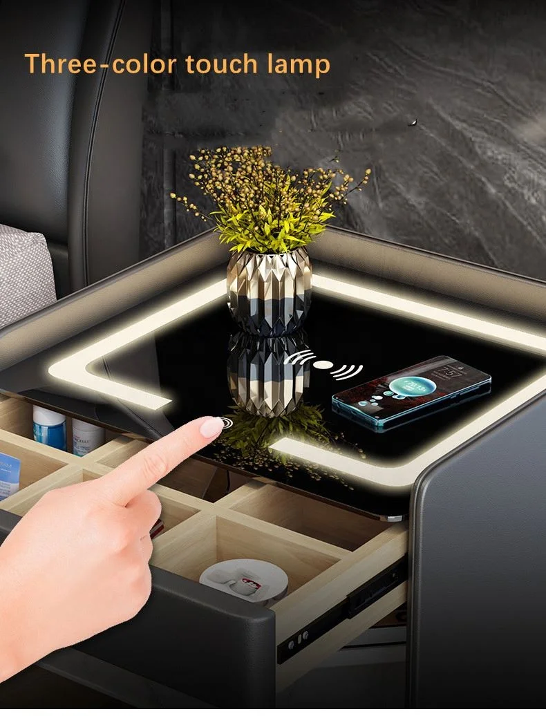 2022 New Technology Smart Home Furniture Bedroom Trip-color Light Wireless Charger Wooden Bedside Table With Two Storage Drawers