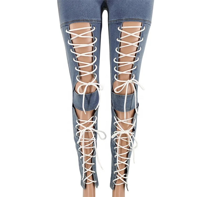 Fashion Sexy Women Summer Pants Female Streetwear Jeans Hollow Out Bottoms Eyelet Lace Up Trousers