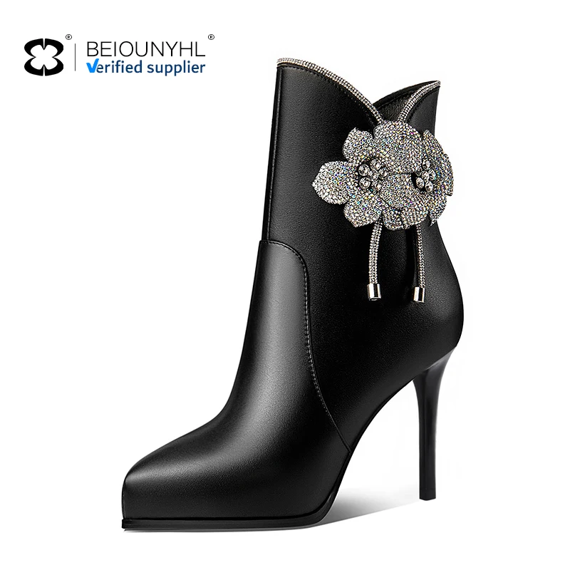 Custom Large Size Women 8-10cm High Heel Silver Rhinestone Flower Ankle Boots Wedding Party Shoes Woman Bridal Party Short Boots