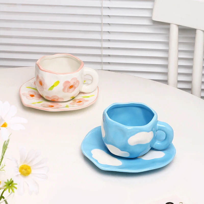 Irregular Shape Little Flower Handmade Pottery Clay Coffee Mug Cups Handmade Ceramic Porcelain Mugs factory