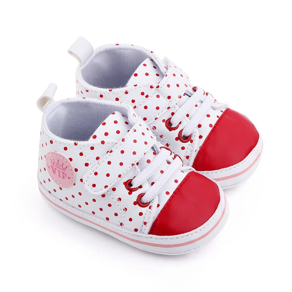 Color Matching High Top Round Polka-dot Soft Sole Non-slip Baby PU Casual Toddler Shoes factory