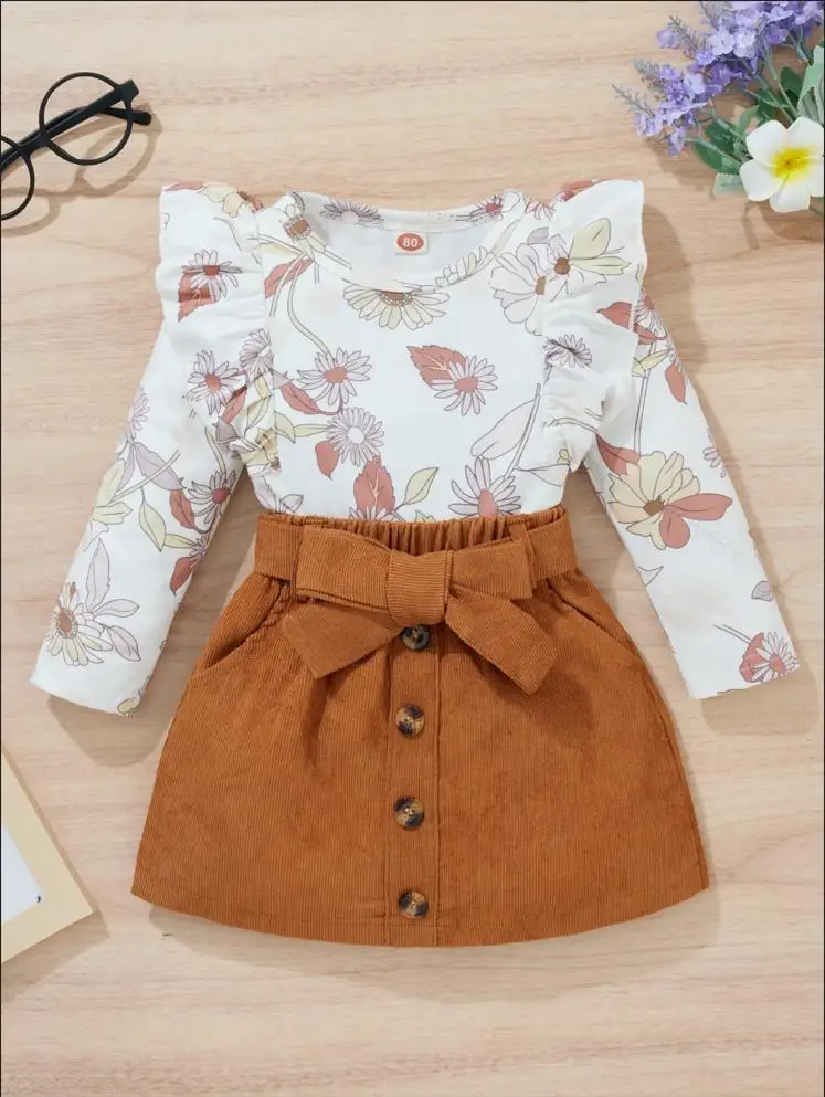 2023 Autumn Winter Printed Lotus Lace Long Sleeves Girls Clothing Sets Corduroy Short Skirt Infants Baby Girls Clothing Sets
