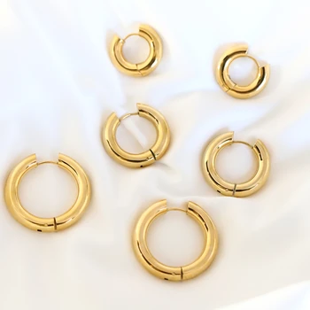 MICCI High End Polished 18K Gold Plated Stainless Steel 5MM Chunky Solied Line Gold Huggies Hoop Geometric Earrings for Women