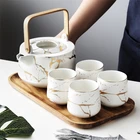 Tea Porcelain Tea Set High Quality Wooden Handle Teapot Black White Marble Porcelain Tea Set With Bamboo Tray