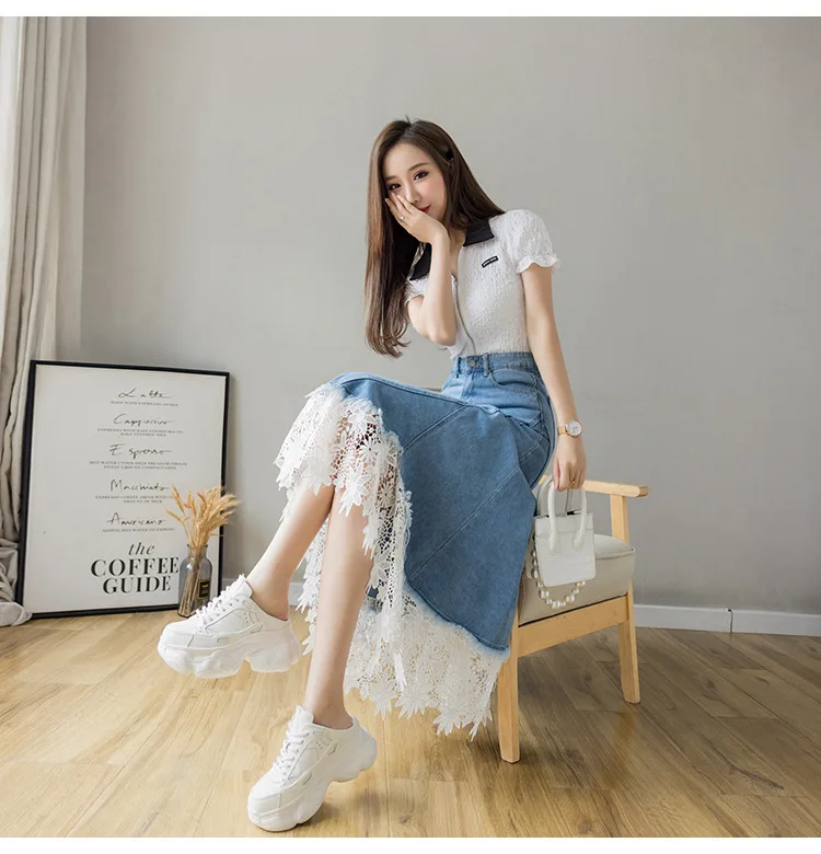 Real Shot A-line High-waisted Spring/autumn New Style Lace Chic Mid-length Umbrella Skirt Denim Washed Skirt Women Quick factory