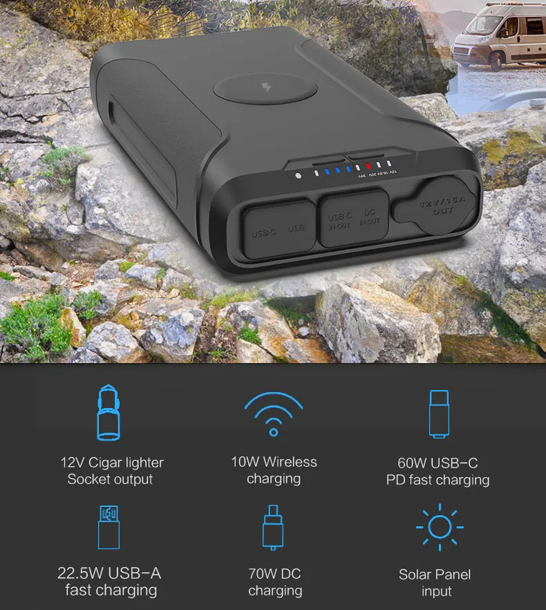 High Capacity Outdoor Travel Solar power bank 72000mah wireless function PD 60W Charging CPAP Battery power bank for Camping