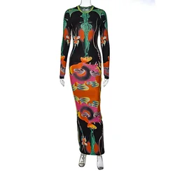 LCDS68 Trending Products 2023 New Arrivals Y2K Print Long Sleeve Casual Wear Sexy Dresses Maxi Dress Ladies