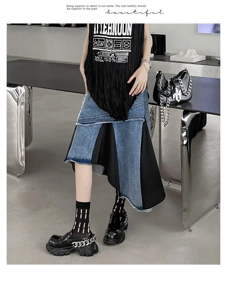 Summer Color Contrast Irregular Patchwork Skirts for Women High Waist Fashion Long Denim Skirt supplier