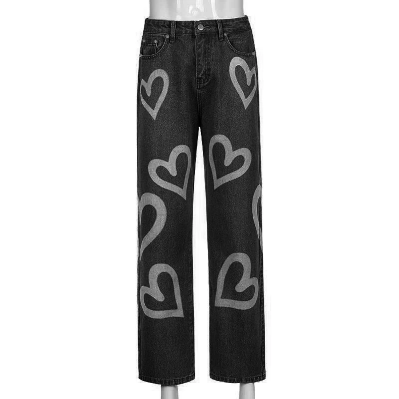 Custom Ladies Denim Jeans High Waist Heart Print Pantalon Jean Baggy Women Y2k Jeans manufacture