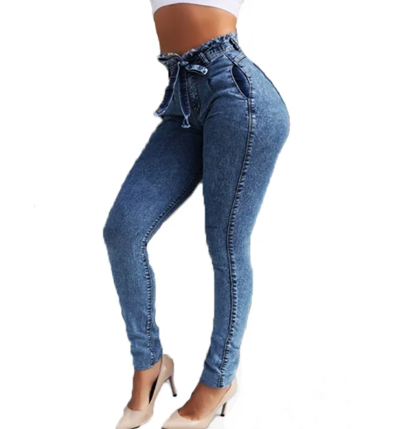 Women's High Waist Slim Stretch Denim Jeans Streetwear Bodycon Tassel Belt Bandage Skinny Push-up Style Button Hole Decoration factory