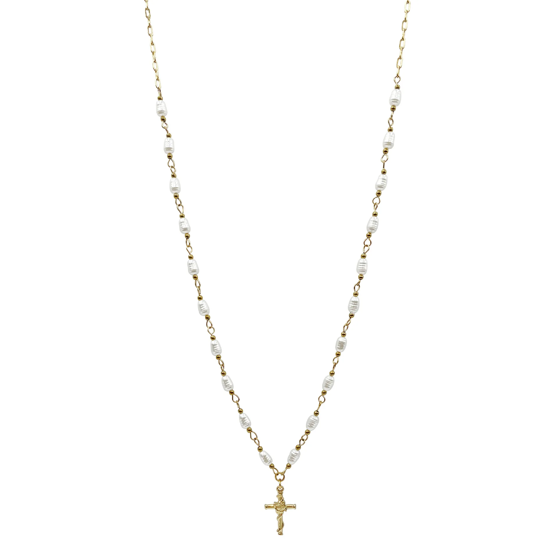 High quality stainless steel gold plated pearl beads cross necklace for women