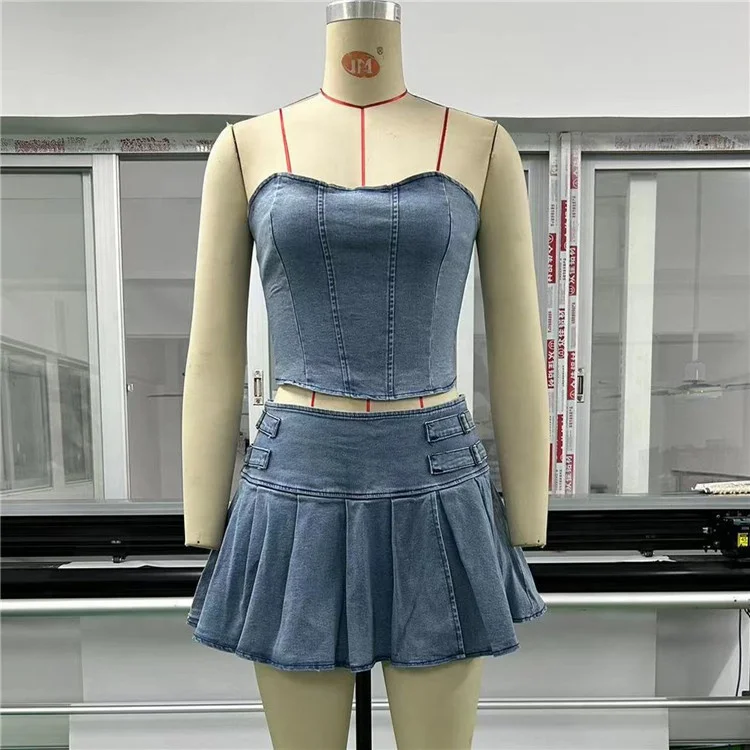 Summer Bra Denim Skirt Set Sleeveless Spicy Girl Sexy Navel Exposed High Waist Split Short Dress Suit