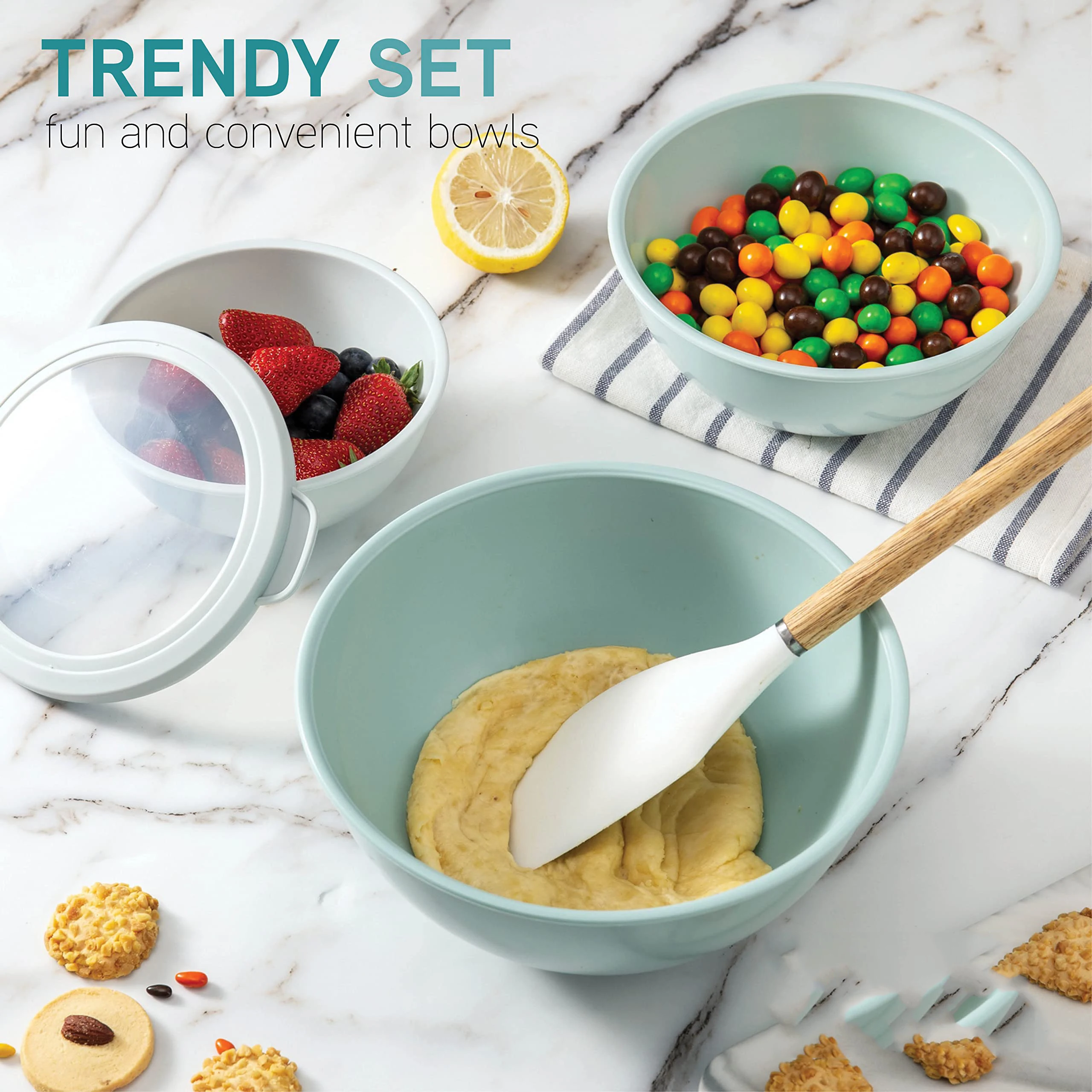 Mixing Bowls with TPR Lids - 12 Piece Plastic Nesting Bowls Set includes 6 Prep Bowls and 6 Lids Microwave Safe