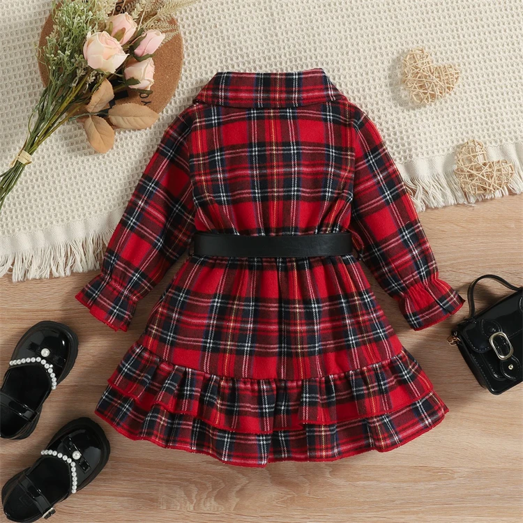 2022 New baby girls autumn winter Christmas dress one pieces long sleeve little kids girls plaid christmas dresses with belts