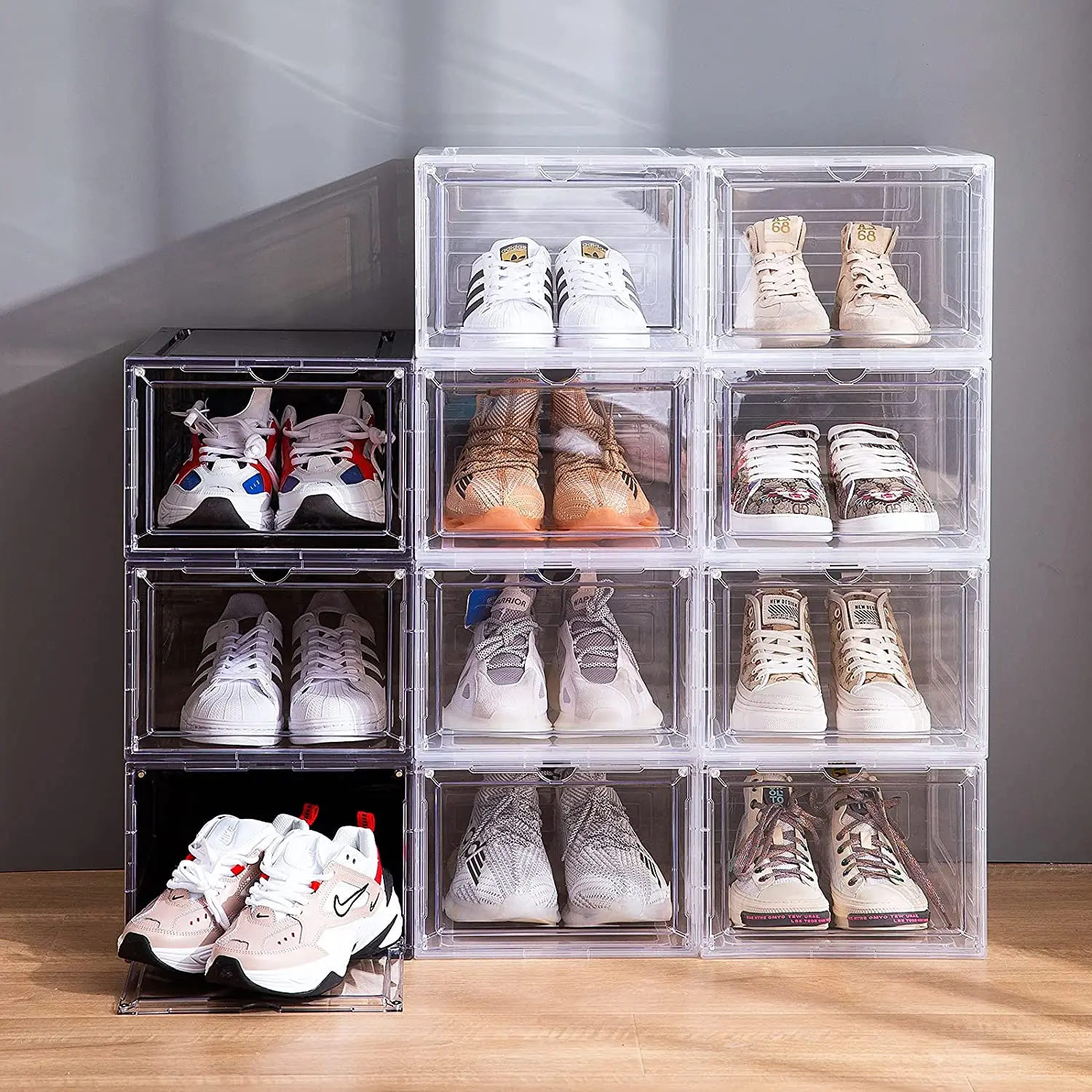 NATGIFT Foldable Shoe Box, Stackable Clear Shoe Storage Box