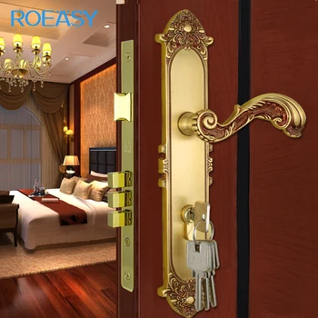 ROEASY Brass material rose golden handle door lock for home entrance door handle set with cylinder