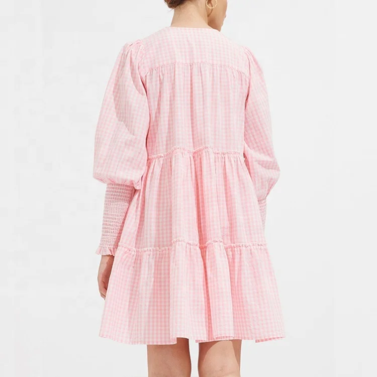 Top Quality Pink Dress Plaid Shirt Dress Womens Oversized Fit Gingham Linen Cotton Smock Mini Dress.jpg