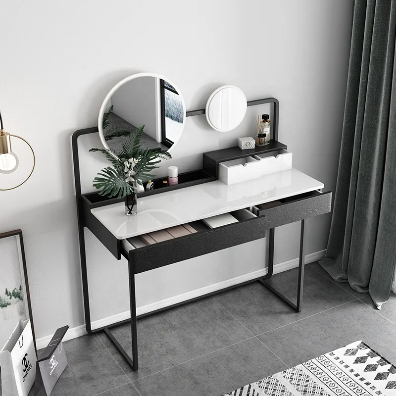 Simple Design Modern Furniture White And Black Glossy Two Mirrored Bedroom White Dressing Table