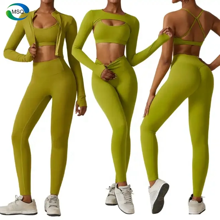 Custom Logo Seamless Activewear 4 pieces smock sports bra top workout sets for women sportswear gym fitness set