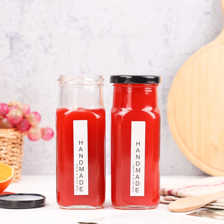 Clear Spice Salt Pepper Sesame Bottle 250ml Square Empty Honey Ketchup BBQ Paste Glass Unique Sauce Bottles with Screw Metal Lid