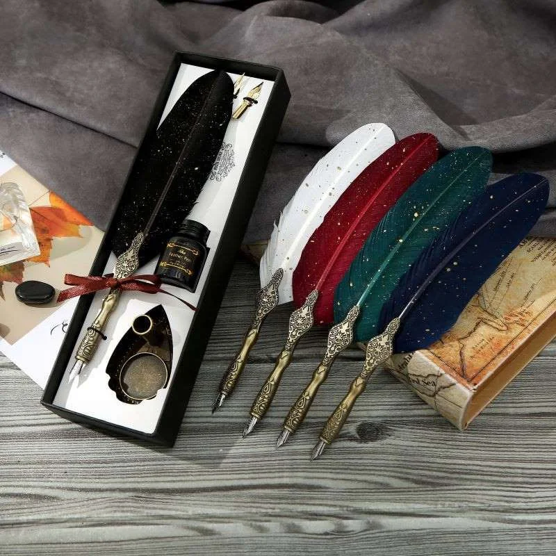 Vintage Calligraphy Feather Dip Pen Fashion Pen Handle 2/5 Nib Writing Ink Set Quill Fountain Pen Writing Set Birthday Gift