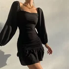 Ladies Casual Elegant Mini Dresses Square Collar Long Puff Sleeve Pleated Autumn Women Short Dress