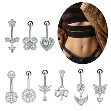 10Pcs Butterfly Wing Flower-Shaped Curved Belly Button Ring Belly Piercing Stainless Steel Dangled Navel Ring for Women Jewelry