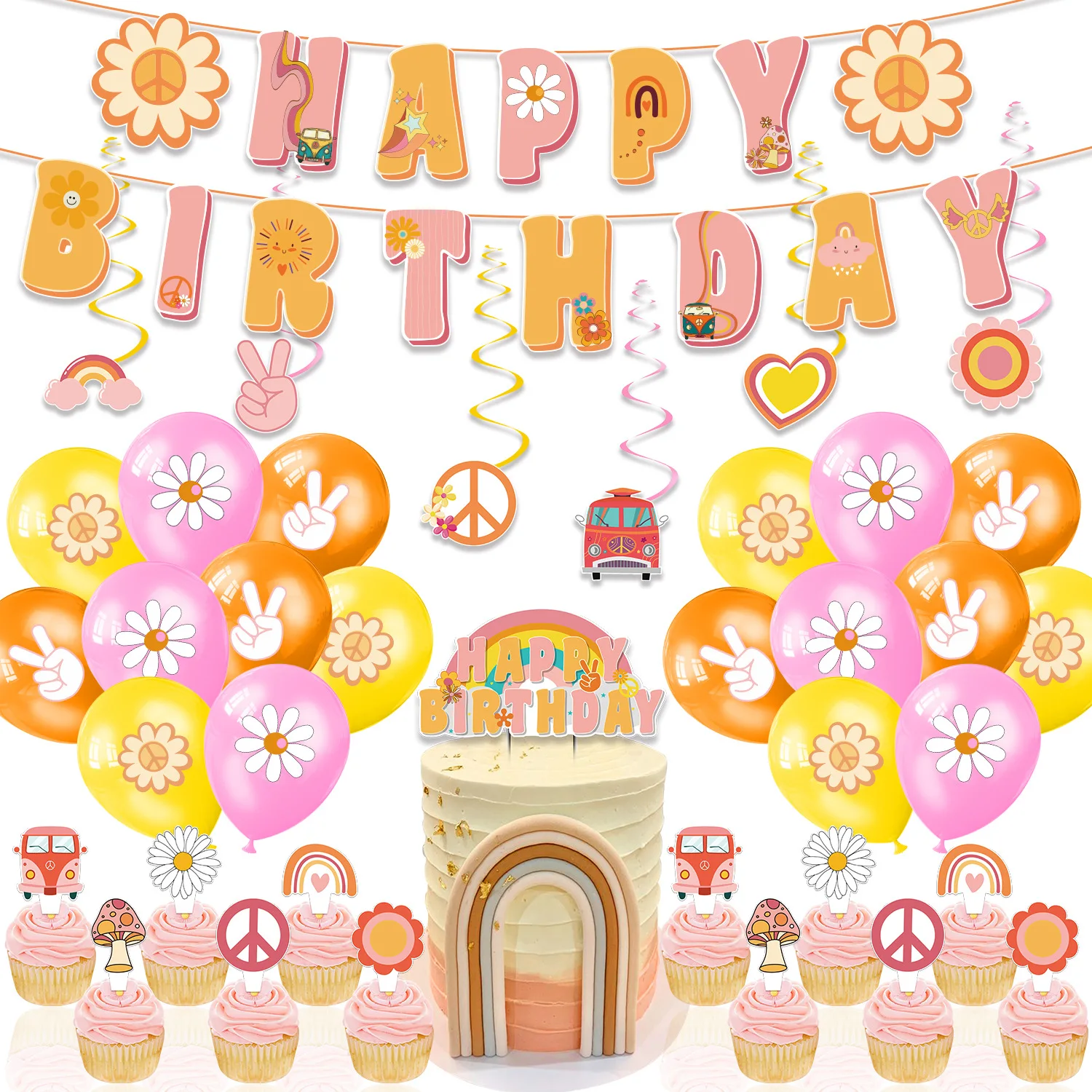 Little daisy themed parties decorate with spiral hanging birthday flags latex balloon cake placards birthday decorations