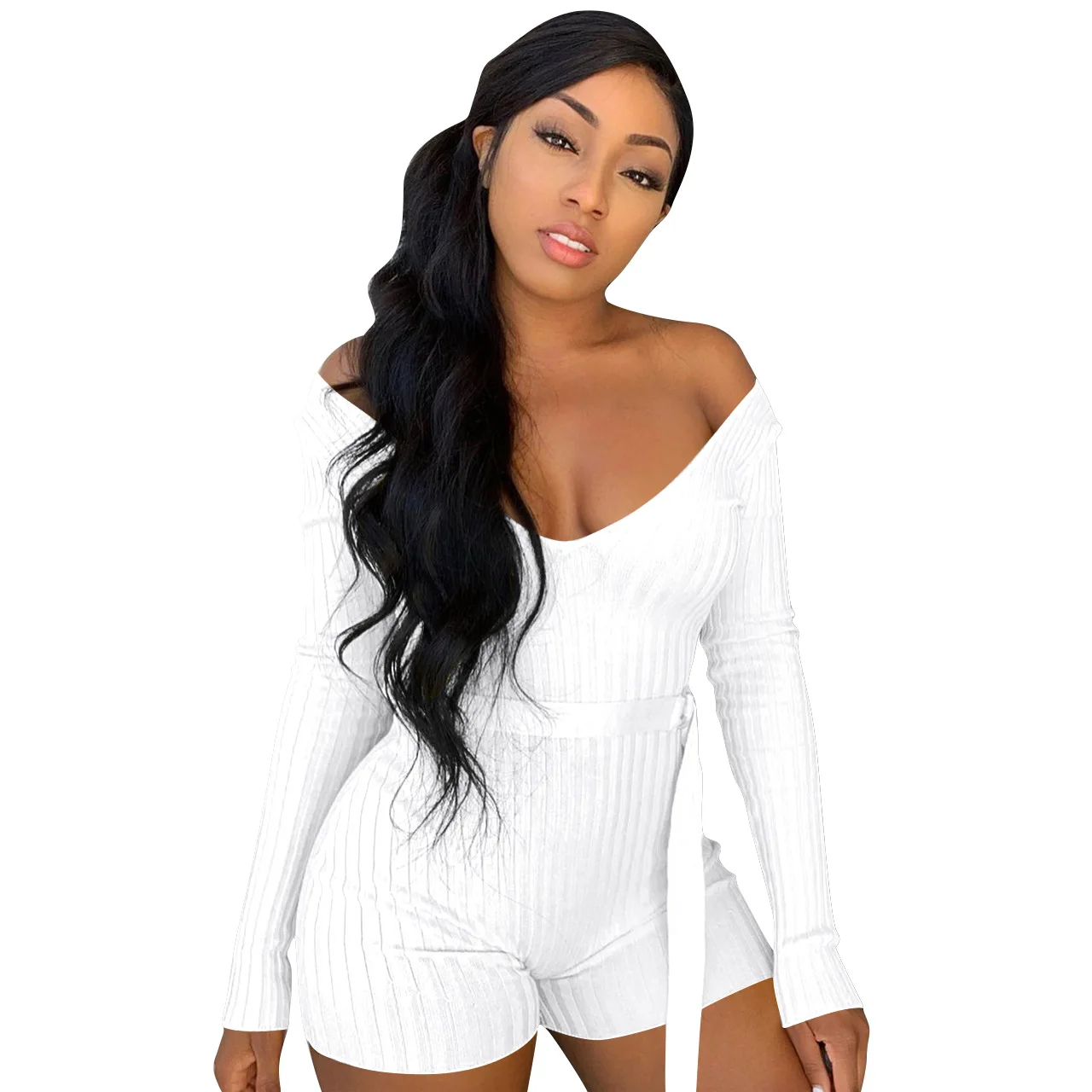 Hot sale onesie for women pajamas pit fabric long sleeve sexy V-neck jumpsuit bodysuit playsuit with sash belt