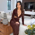 Long 2021 Low-cut Deep V Bodycon Sexy Dress Long Sleeve Elegant Casual Dress Long Tight Women Party Dresses