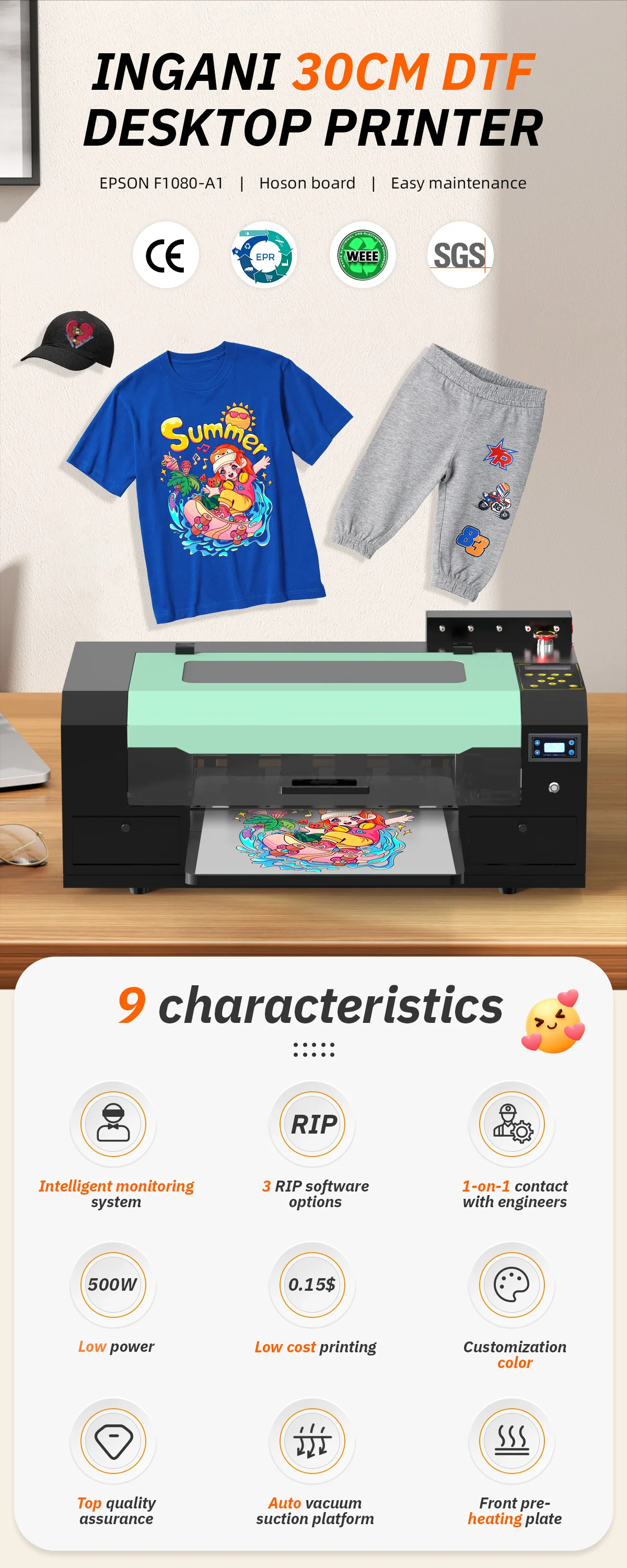 Full-Automatic DTF Printer Machine with 1 Year Warranty Win7/Win10/Win11 Compatible and CMYK+White Print Color