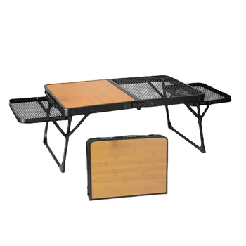 Multifunctional Folding Grill Table - Portable and Durable for BBQ, Picnic, and Camping,Metal Mesh and Wood Grain Design