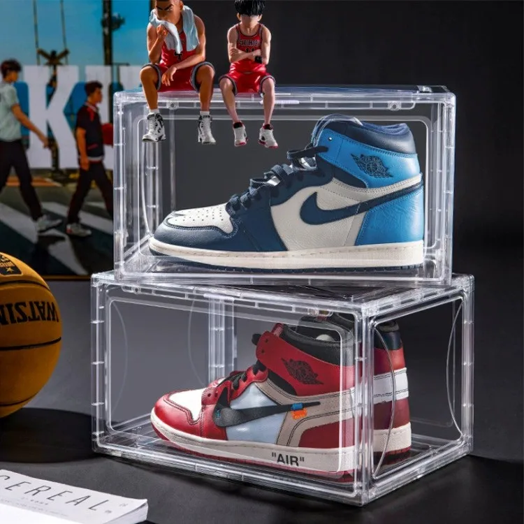 Fully Transparent Customizable Plastic Display Rack Personalized Magnet Side Open Shoe Box for Household Use