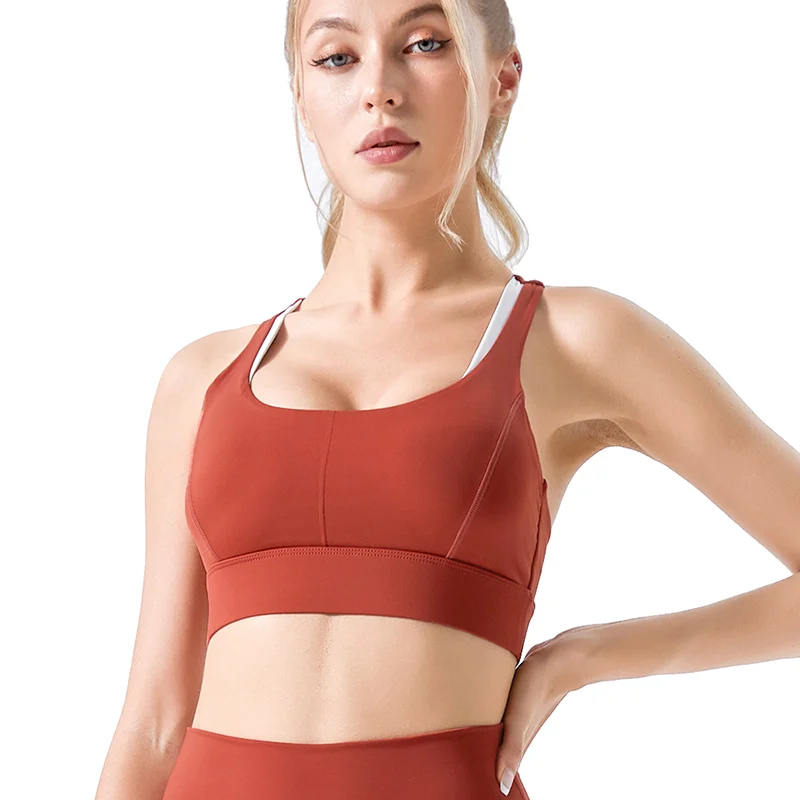 New Color Matching Shoulder Strap Yoga Running Fitness Dance Womens High Impact Sports Bra Racerback Crop Tank Top
